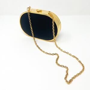 Mark Cross Gabriella Black Satin & Brass Clutch Chain Strap Bag